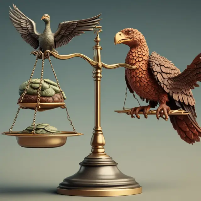 A balance of risks and rewards: A phoenix representing potential high returns and a tortoise signifying lower volatility, reflecting the advantages and disadvantages of investing in junior securities.