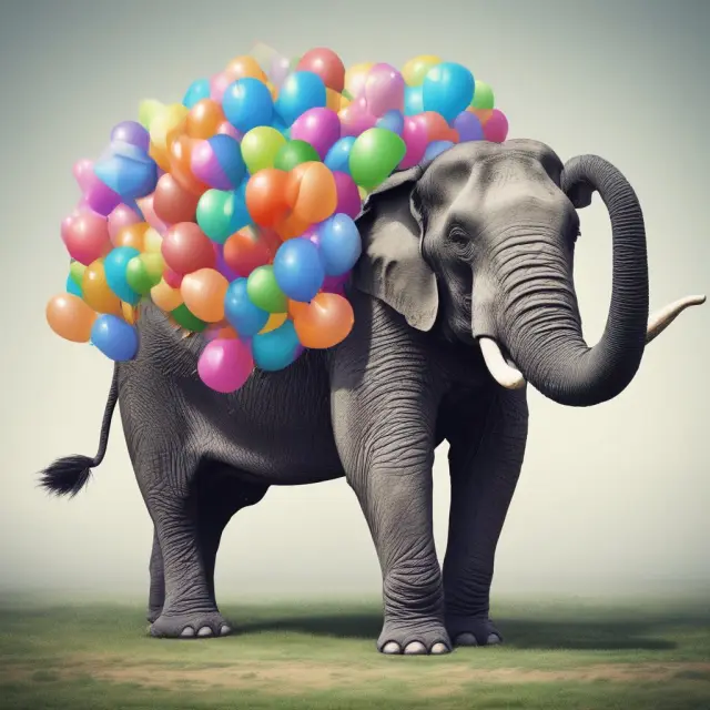 An elephant carries the borrower, symbolizing financial burden, while hidden mortgage junk fees are represented by colorful balloons