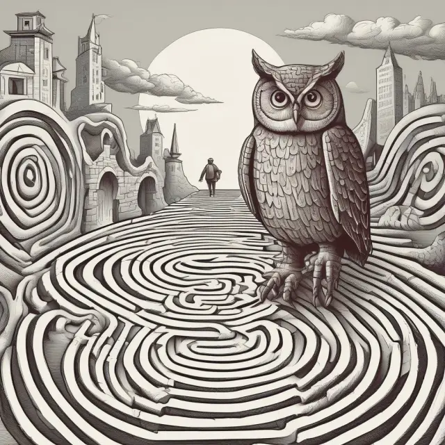 Borrower in a maze negotiating fees with the help of an owl representing consumer protection.