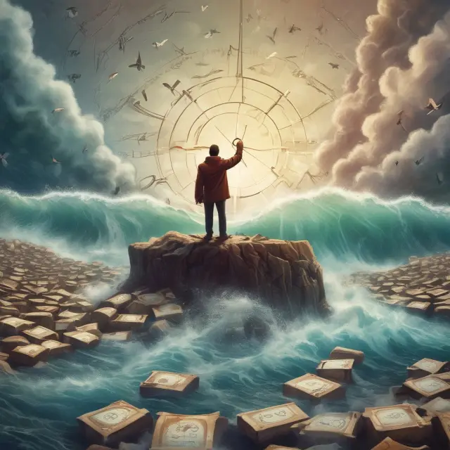 An investor sailing through a stormy sea of junk bonds with the help of strategies: value investing, yield curve analysis, credit analysis, diversification, and active management