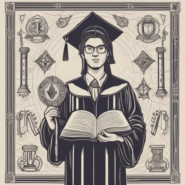 An academic figure holds a scroll symbolizing the LSAT examination, surrounded by open law books and a graduation cap