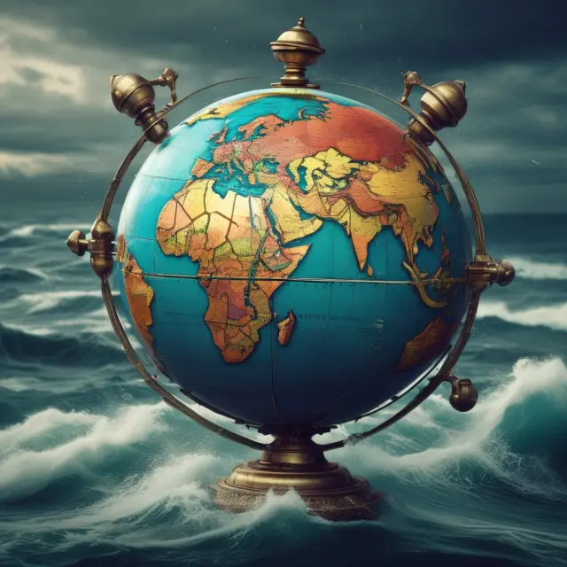 A globe calmed by FATF symbols in a tranquil sea, symbolizing effective risk mitigation against jurisdictional threats