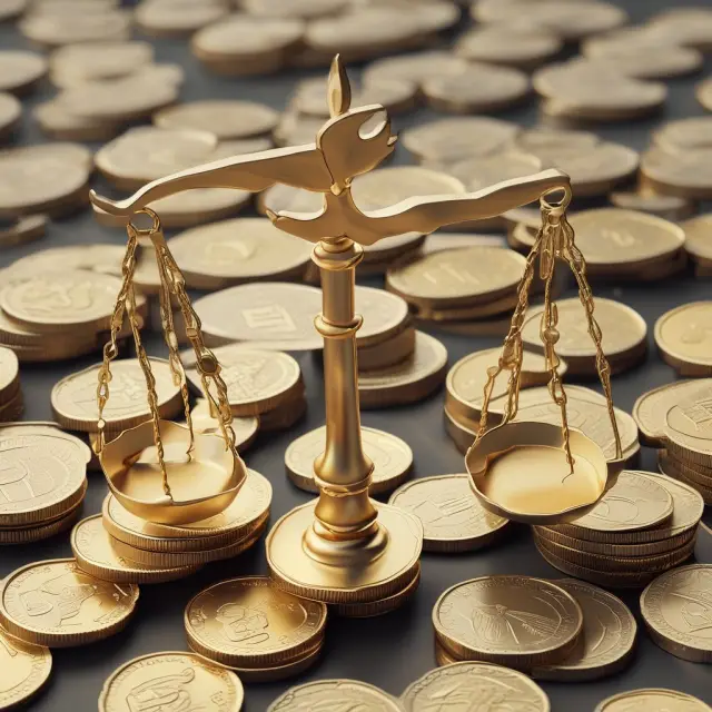 Gold coins representing fair market value balance on a justice scale next to various parcels of land
