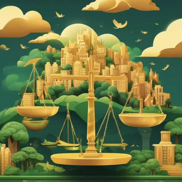 Golden structures and green landscapes on a justice scale represent property