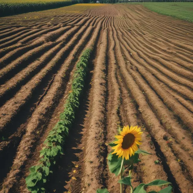 Image of a farmland divided by a line, with a wilting sunflower field on one side and a lush, untouched side, symbolizing residual damages in eminent domain