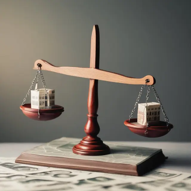 Judge evaluating three interconnected scales symbolizing market approach, income approach, and cost approach in an eminent domain case