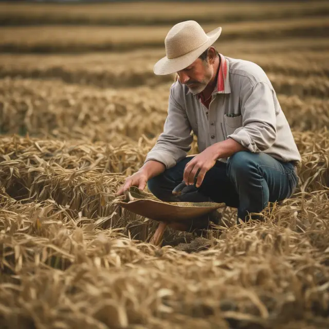 Farmer working in a lush, golden field, using income approach scales to measure yield and determine just compensation