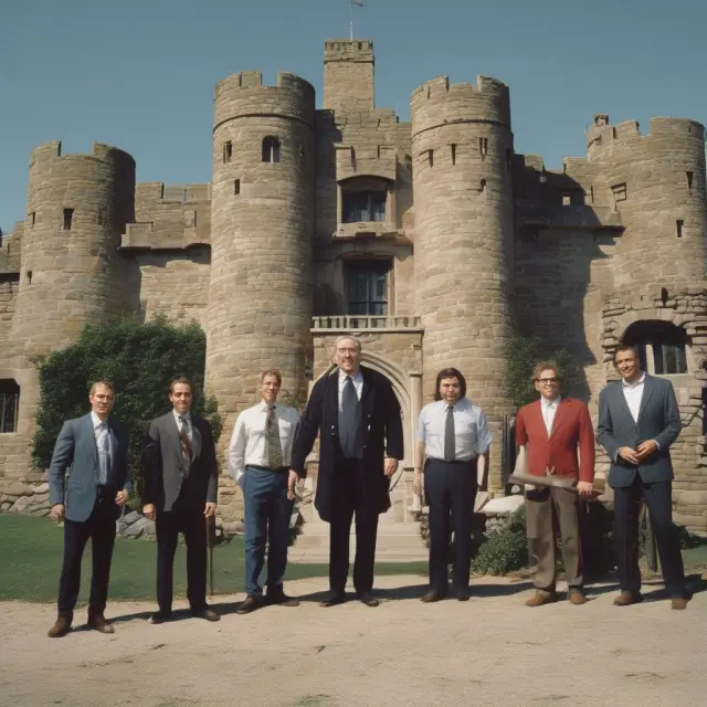 Board members of Paramount Communications standing strong behind a castle wall, symbolizing the 