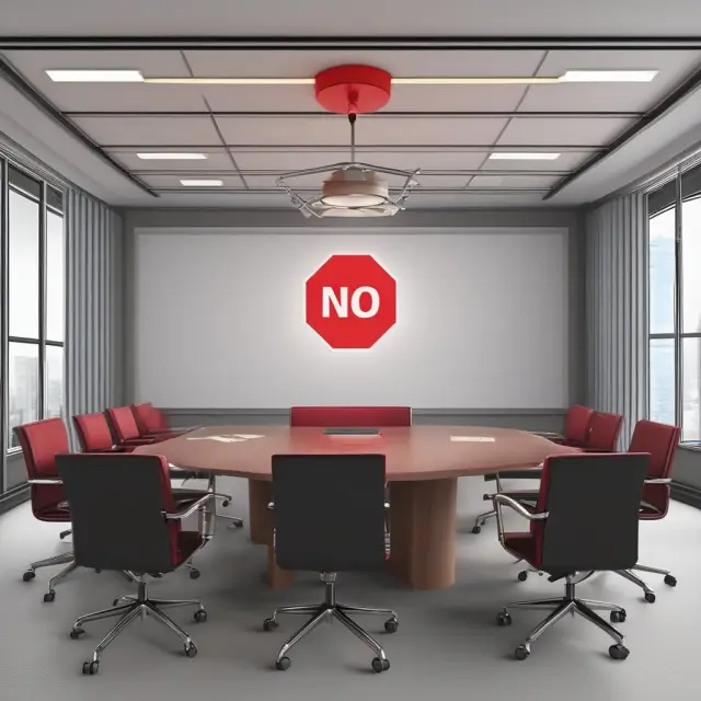 Stop sign on a boardroom table illustrating the 
