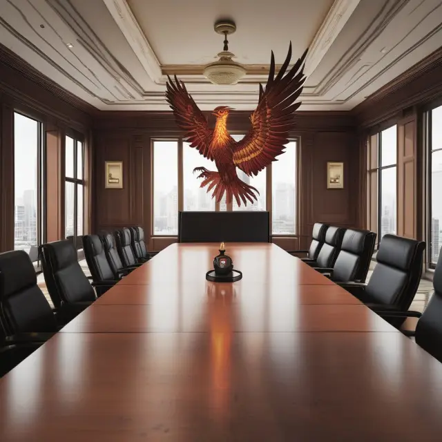 A majestic phoenix bird flying high over a boardroom table illustrating the 