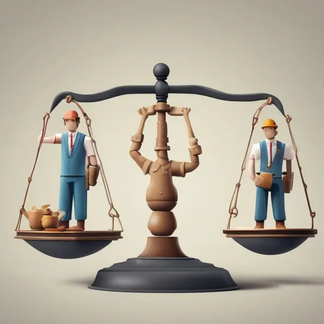 A balanced set of scales represents the intricacies of determining justified wages by weighing economic factors like education, work experience, and skills against market conditions.
