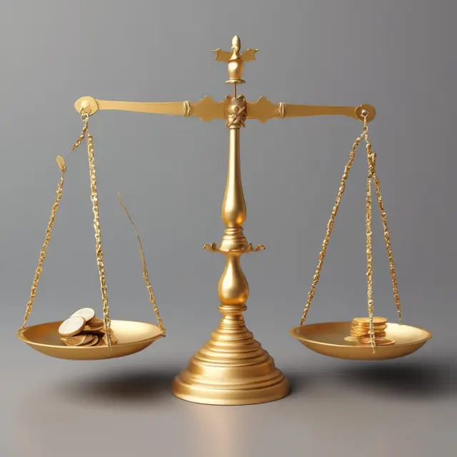 Golden scales with coins representing salaries balanced by weights symbolizing employee responsibilities