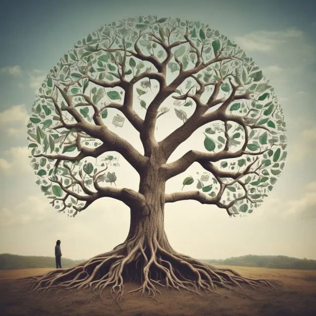 A tree with golden apples symbolizing knowledge blooms with effective leadership, strong strategies, and valuable network connections