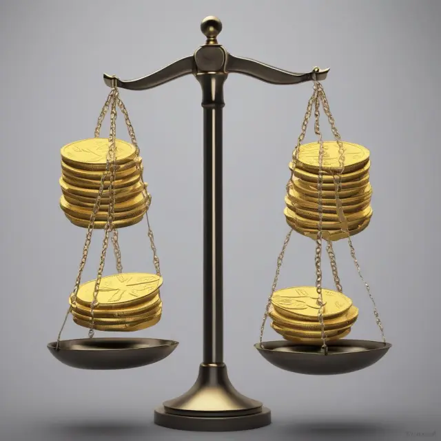 Two yin-yang scales balanced, one filled with golden coins representing justified wages, the other with merit pay/performance-linked market-based wages