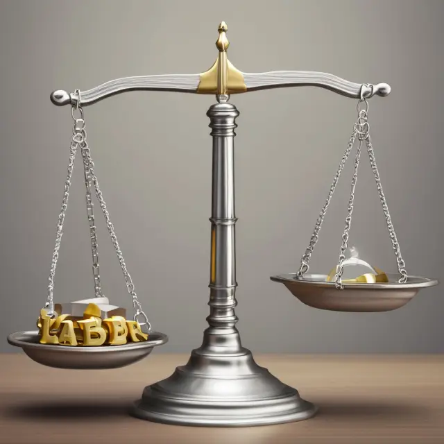 An image of a scale with gold weights representing labor laws, and silver weights symbolizing employee trust, ensuring just wages through balance and transparency.