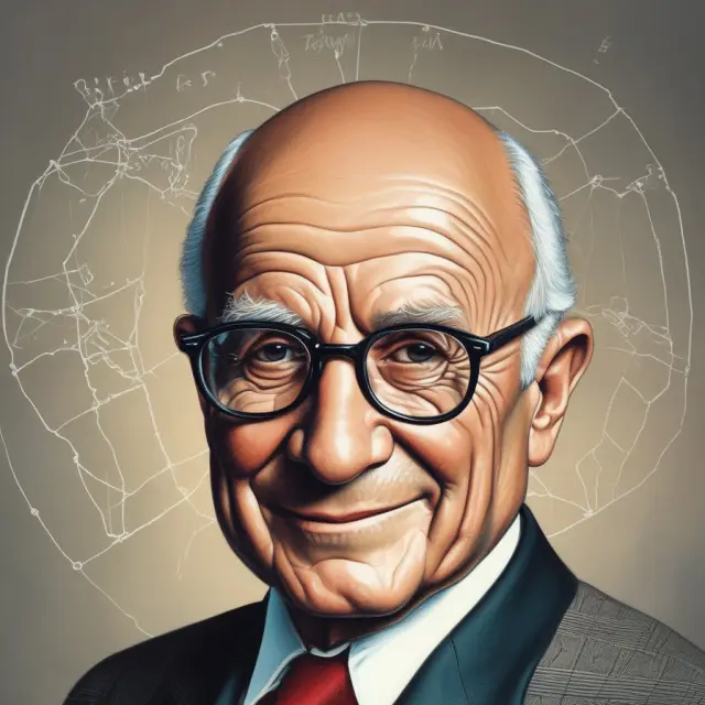 Milton Friedman, depicted as an alchemist, crafting economic stability with the K-Percent Rule in a golden crucible