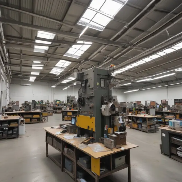A factory transforming into an efficient workshop symbolizing the objectives of Kaizen: quality control, just-in-time delivery, standardization, efficient equipment, and waste elimination.