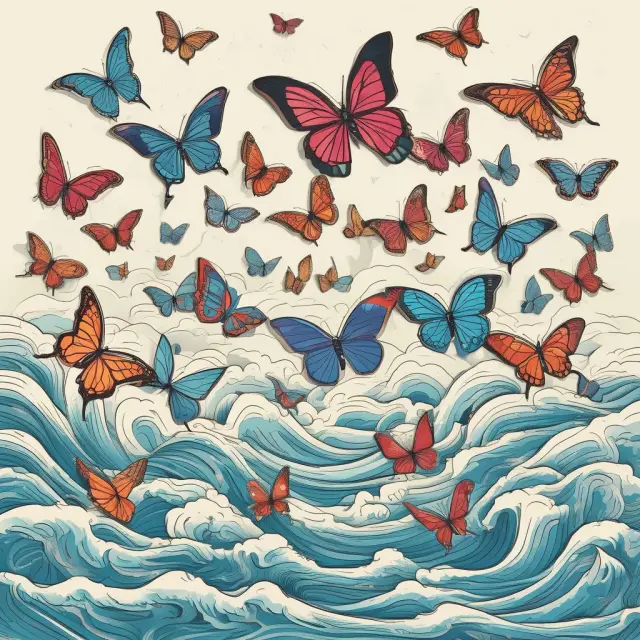 A single butterfly flaps its wings, creating a ripple effect of increased staff morale, improved customer satisfaction, and greater business efficiency through Kaizen.