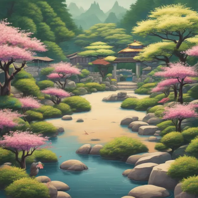 Japanese garden blooming with customer, flow, gemba, people, and transparency elements representing Kaizen principles