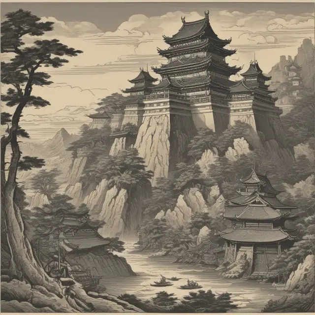 A fortified castle with samurai warriors defending it from a dragon