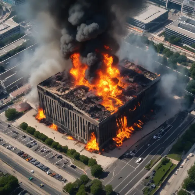An image of a company building in flames, representing the extreme measure known as scorched earth policy.