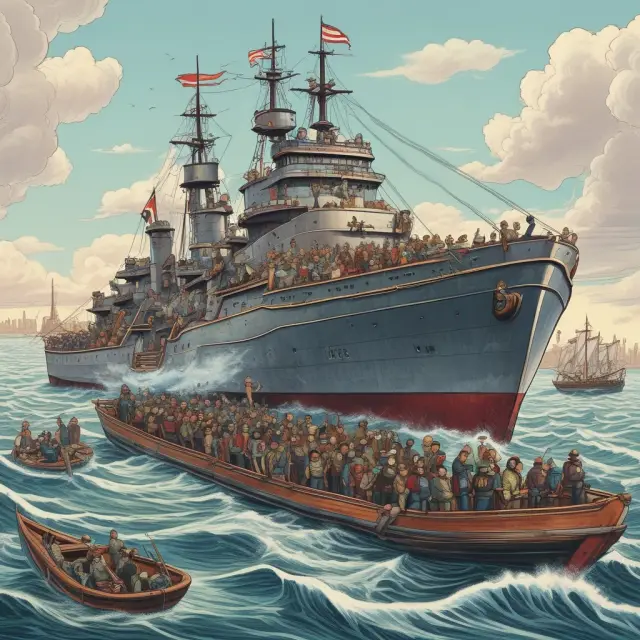 A visualization of management and large shareholders employing kamikaze defenses on a battleground, leaving minority shareholders stranded in a small boat