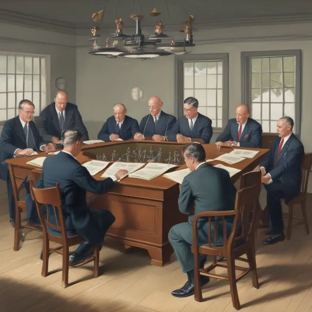 A boardroom scene with directors discussing potential legal risks associated with implementing a kamikaze defense strategy.