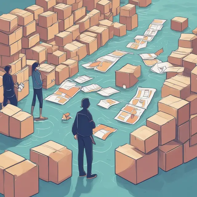 Two people exchanging kanban cards along a winding river, symbolizing efficient inventory communication between a supplier and buyer