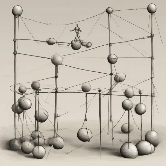 A person balances multiple interconnected balls on a tightrope, illustrating the challenge of managing work-in-progress within a kanban system.