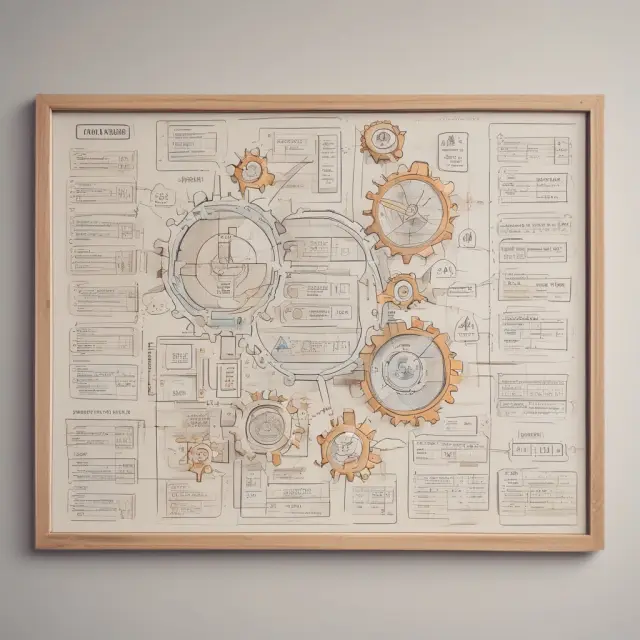 People working together at a kanban board filled with moving gears symbolizing interconnected workflows