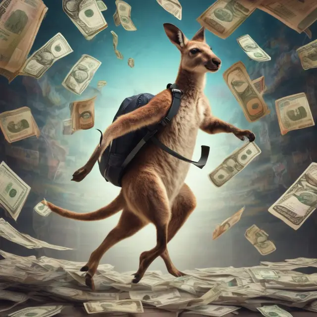 A kangaroo representing a foreign company leaps through global markets holding a backpack filled with various currencies, illustrating the issuance of Kangaroo Bonds in Australia