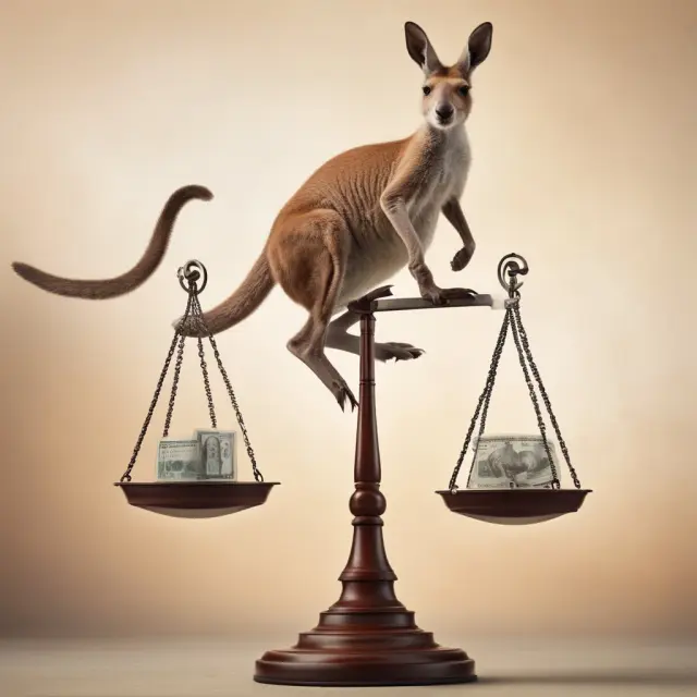 A kangaroo jumping between two scales, representing cross-currency swaps that reduce foreign exchange risk for Kangaroo Bond issuers