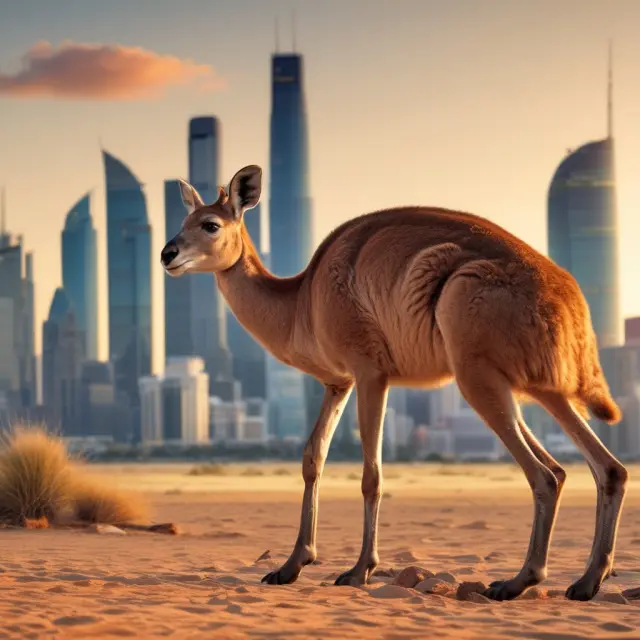 A kangaroo jumping across the globe towards a rising sun, symbolizing Emirates NBD