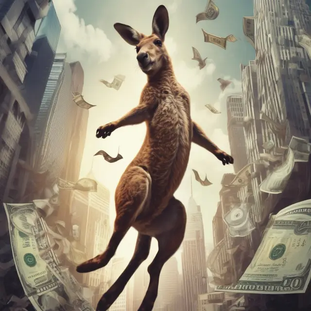 A kangaroo jumping between two financial markets illustrates the concept of foreign bond issuance and currency exchange (kangaroo bonds, samurai bonds, maple bonds)