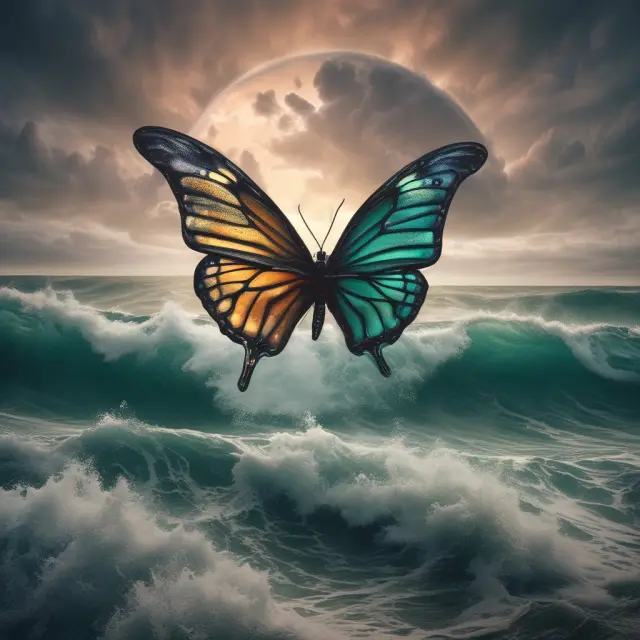 A kappa-shaped butterfly hovers above a stormy sea, representing the connection between kappa and implied volatility in options trading
