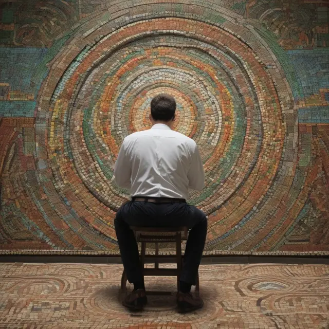 A trader studying a mosaic of interconnected tiles, each illustrating an option