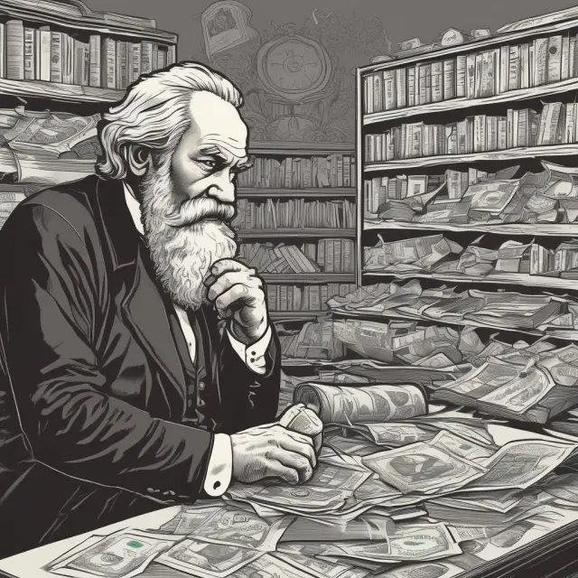 Marx studying the economy with a broken scale, revealing exploited labor as hidden surplus value