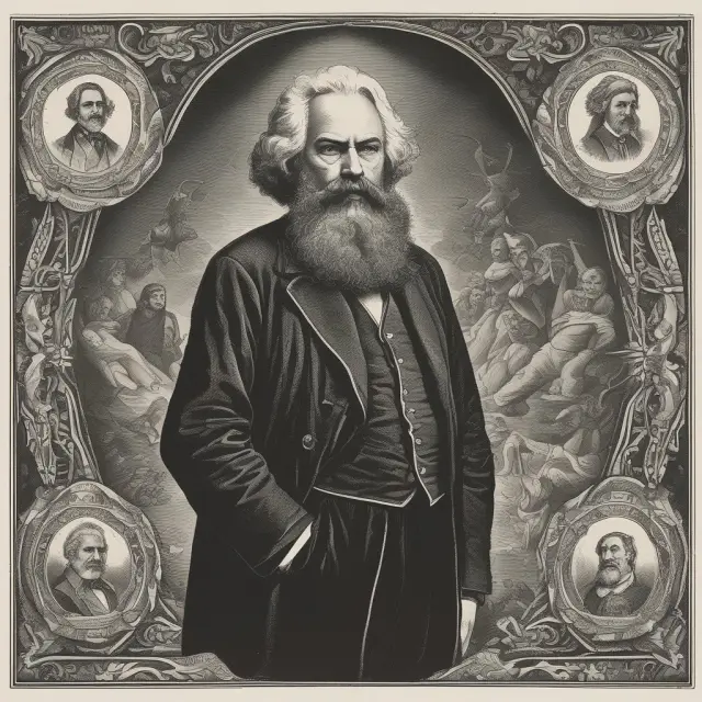 A ghostly specter of Marx, surrounded by ideological waves, influencing socialist and communist movements throughout history