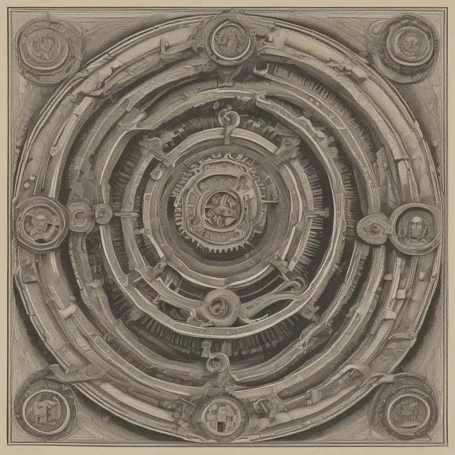An intricate machinery of interconnected gears, symbolizing the dialectical interplay in historical materialism