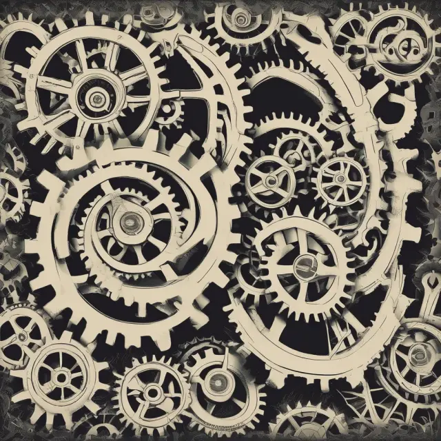 An intricate mechanical system of Marxist gears turning, representing economic transformation and class struggle in modern capitalism.