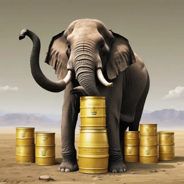 An elephant with golden barrels of oil in its pouch, representing Kazakhstan National Fund
