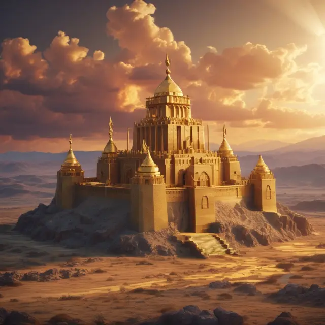 Golden sun rising over a castle made of gold bars and precious gems, symbolizing the Kazakhstan National Fund