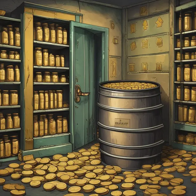 Kazakhstan National Fund vault filled with gold coins and oil barrels, symbolizing the role of resource management in economic stabilization and growth.
