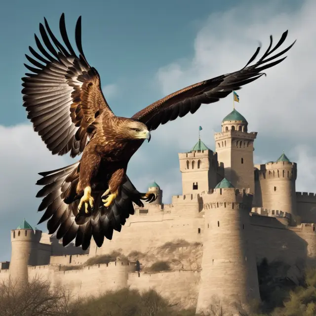 A golden eagle flying over a medieval castle representing the Kazakhstan National Fund