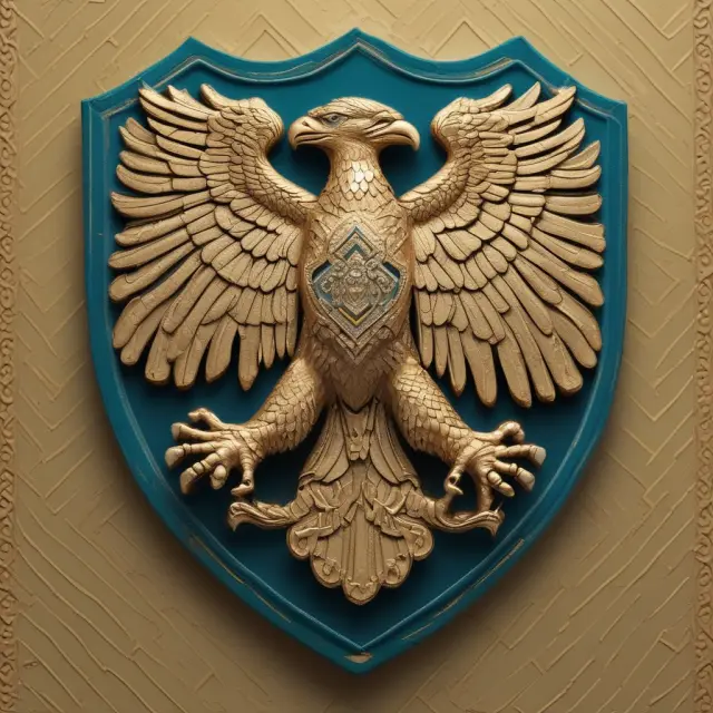 A Kazakh eagle grasping a golden shield adorned with the insignia of various sovereign wealth funds, representing the delicate balance between national interests and investment strategies