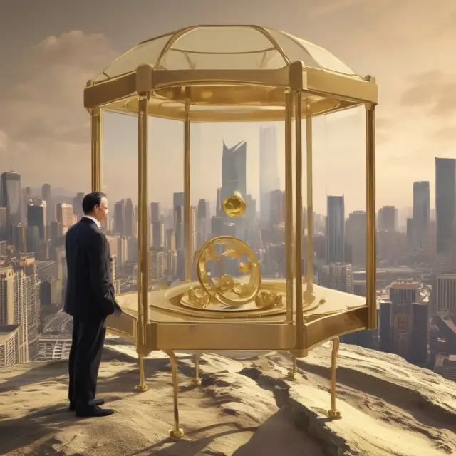 A golden collection of sovereign wealth funds on a transparent scale, representing their assets. One mysterious piece symbolizes the Kazakhstan National Fund.