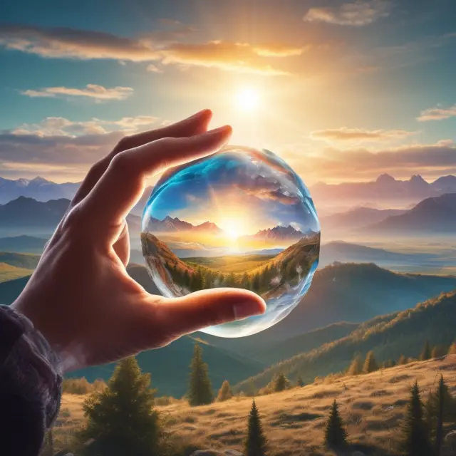 A Kazakhstani sunrise over mountains reveals a hidden hand holding a crystal ball with the Kazakhstan National Fund