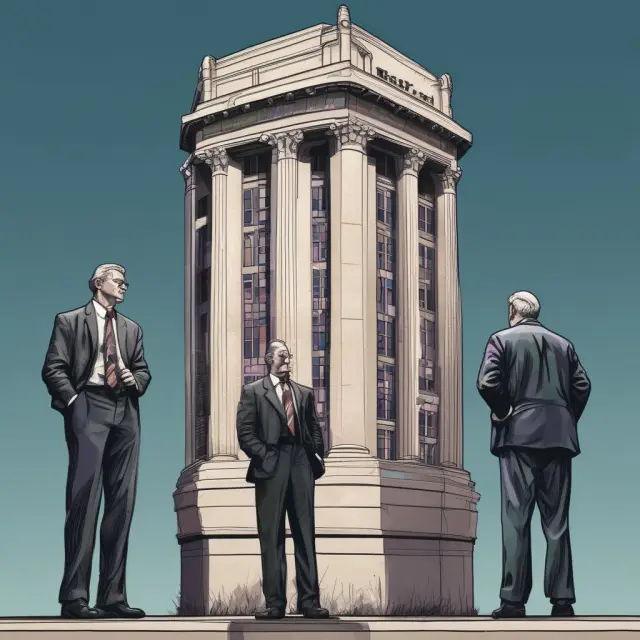 Majestic representations of JPMorgan, Bank of America, Citigroup, and Berkshire Hathaway as towering figures symbolizing their significant influence in the KBW Bank Index.