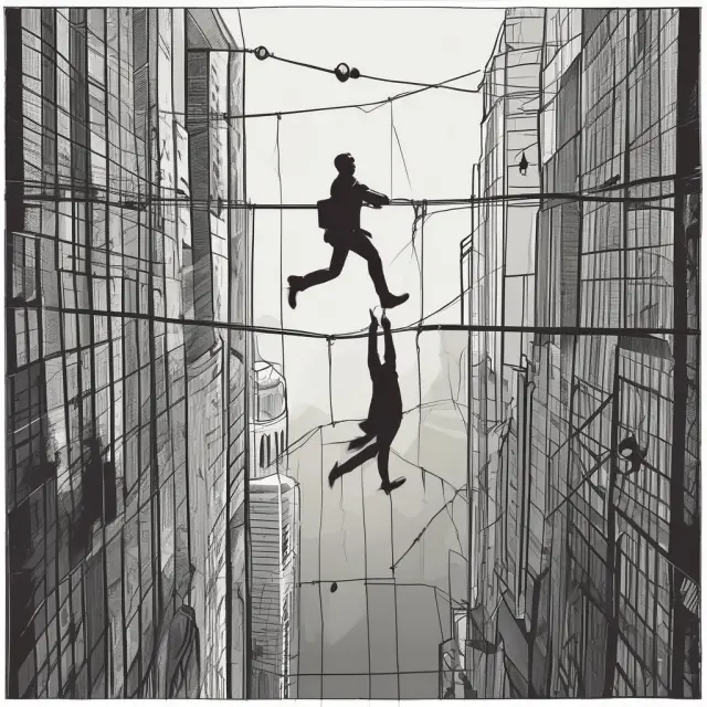 An institutional investor, depicted as a tightrope walker, juggles assets (on one hand) and financial burdens (on the other), symbolizing the challenges and opportunities of keep and pay arrangements.