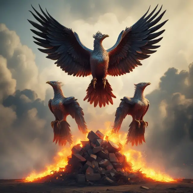 Three mythical phoenixes emerging from flames, representing successful keep and pay agreements during bankruptcy proceedings